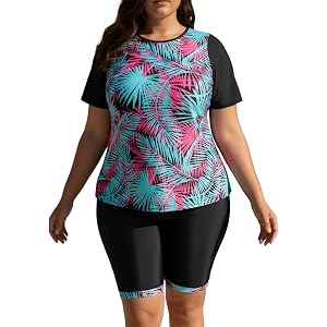 Plus Size Printed Short Sleeve 2pc Tankini Knee Swim Shorts Bathing Suit | Stretchy Quick Dry Fabric, Built-in Padded Wirefre