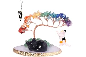 DREAMGIRNH Dreamgirl Black Obsidian Chakra Crystal Tree and Healing Stones Cute Sleeping Cat Statue Lucky Kitten Figurine Office Bedroom Home Desk Decoration Cat Lovers Gift for Women