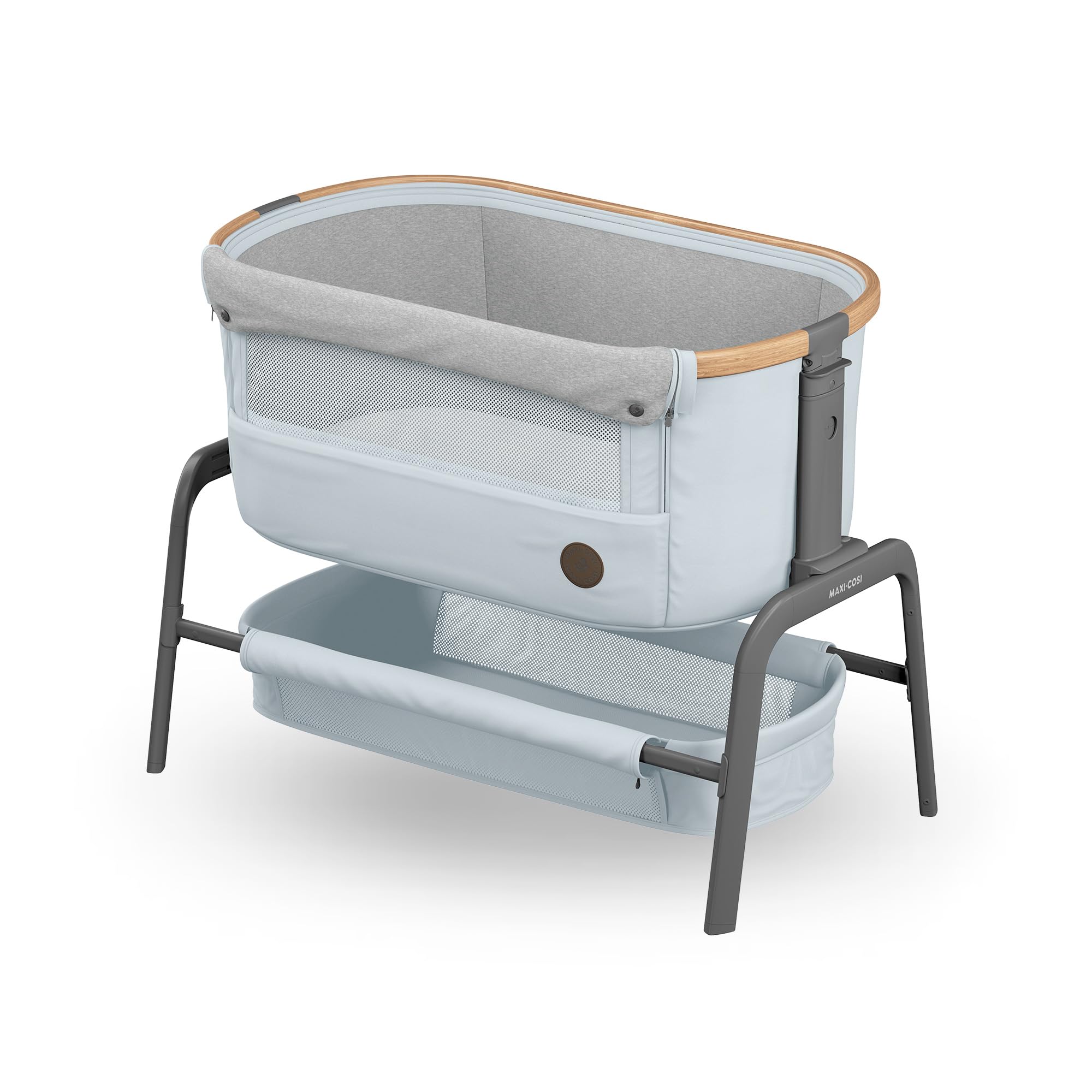 Maxi-Cosi Iora Co-Sleeper Crib, Foldable Baby Bedside Crib, 0–6 Months, max 9 kg, 4 Incline & 5 Height Positions, Easy Slide, Comfortable Mattress, Large Basket, Easy to Carry, Essential Grey