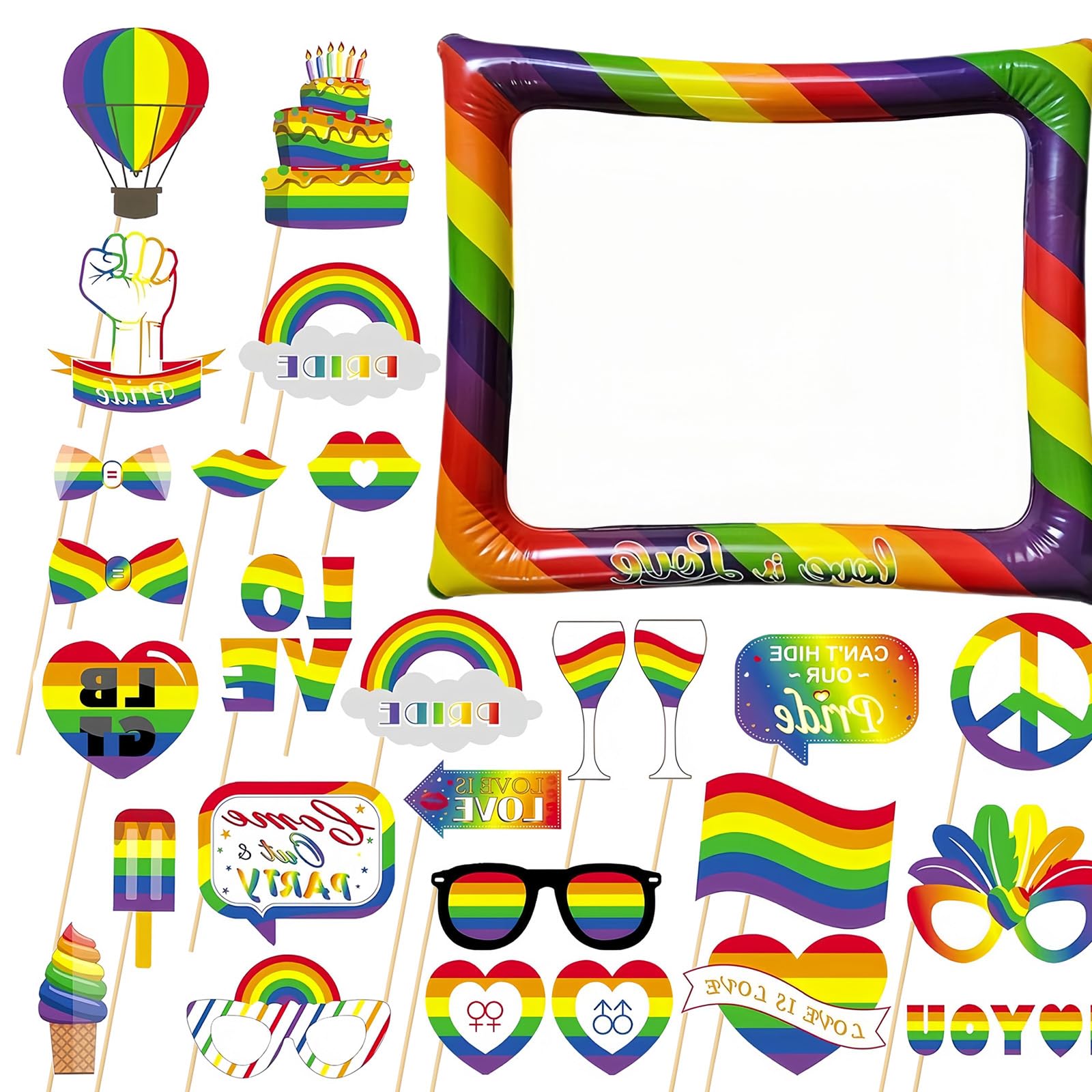 Rainbow Inflatable Photo Booth Frame Inflatable Selfie Frame with 26Pcs Photo Booth Props,Gay Pride LGBTQ Inflatable Picture Frame Blow Up Party Prop Kit for Pride Day Rainbow Party Decor Accessories