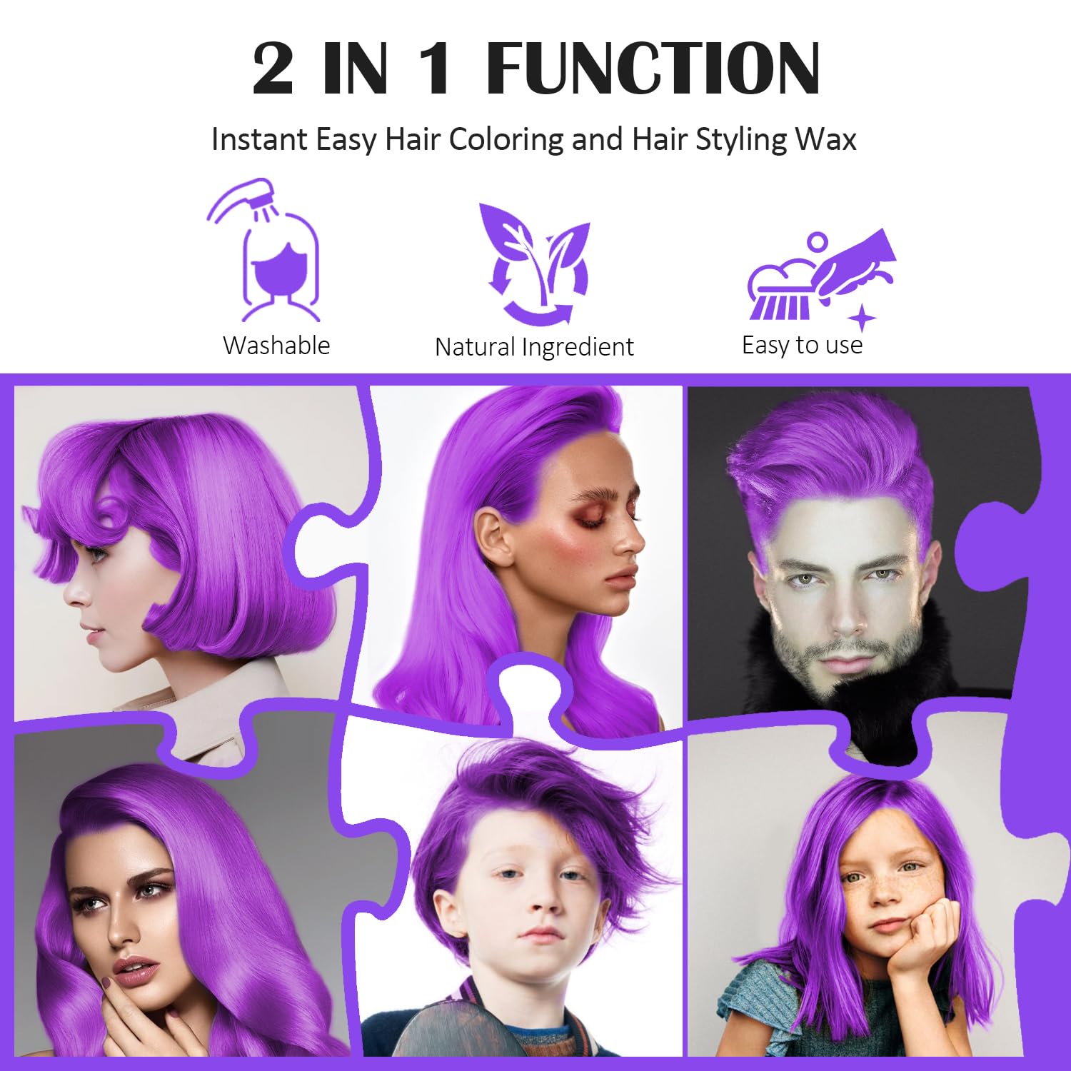Purple Temporary Hair Color Wax, Instant Natural Violet Hairstyle Cream Dye, Washable Styling Pomades for Girls Women Youth, Disposable Coloring Mud for Party Cosplay DIY Halloween