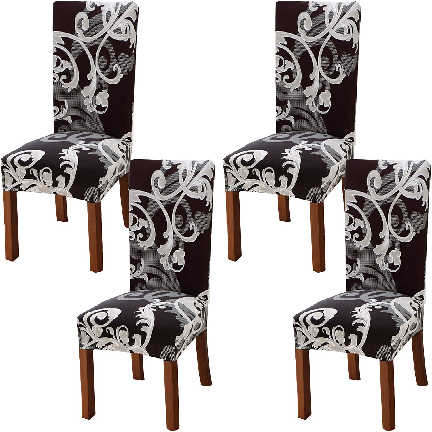 Xundefeng Dining Chair Covers Set of 4 Stretch Slipcovers Elastic Chairs Cover for Kitchen Dining Room, Dark Brown Flower