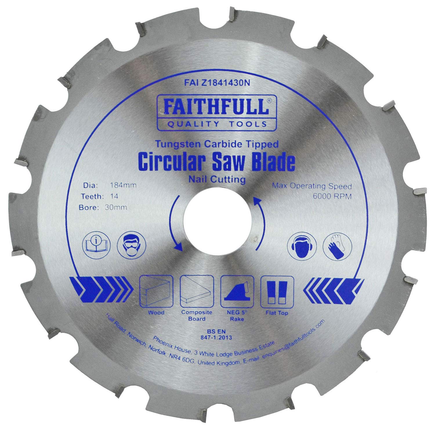 Faithfull FAIZ1841430N TCT Circular Saw Blade Nail Cutting 184mm x 30mm Bore x 14 Teeth
