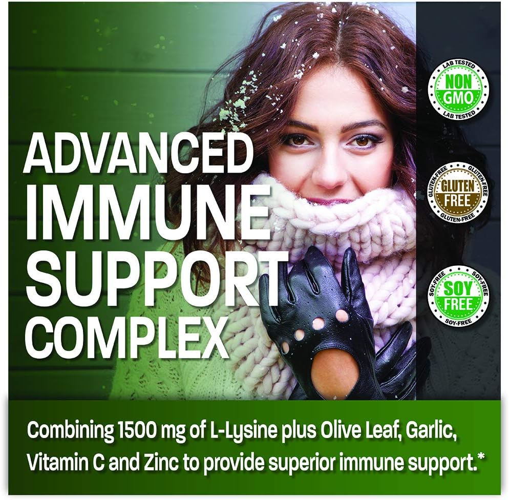 Bronson L-Lysine Defense Immune Support Complex 1500 MG L-Lysine Plus Olive Leaf, Garlic, Vitamin C and Zinc - Non-GMO, 90 Vegetarian Capsules: Health & Personal Care