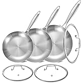 LOLYKITCH 8.5-10-12 Inch Tri-Ply Stainless Steel Frying Pan Set with Lids,Skillets,Induction Cooking Pans,Dishwasher and Oven Safe,Detachable Handle