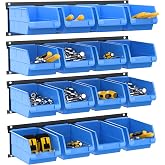 TORACK Wall-Mounted Storage Bins, 16 Plastic Bins for Tools Organization | Small Parts Bin for Bolt, Screw, Hardware, in Garage, Craft Room, and Shop, 4-Pack, Blue