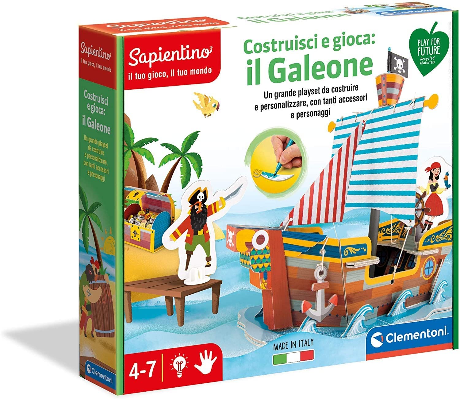 Clementoni Sapientino Build and Play: Il Galleone dei Pirates Educational Game 5 Years (Italian Version), 100% Recycled Cardboard, Play for Future Made in Italy, Multicoloured, 16317