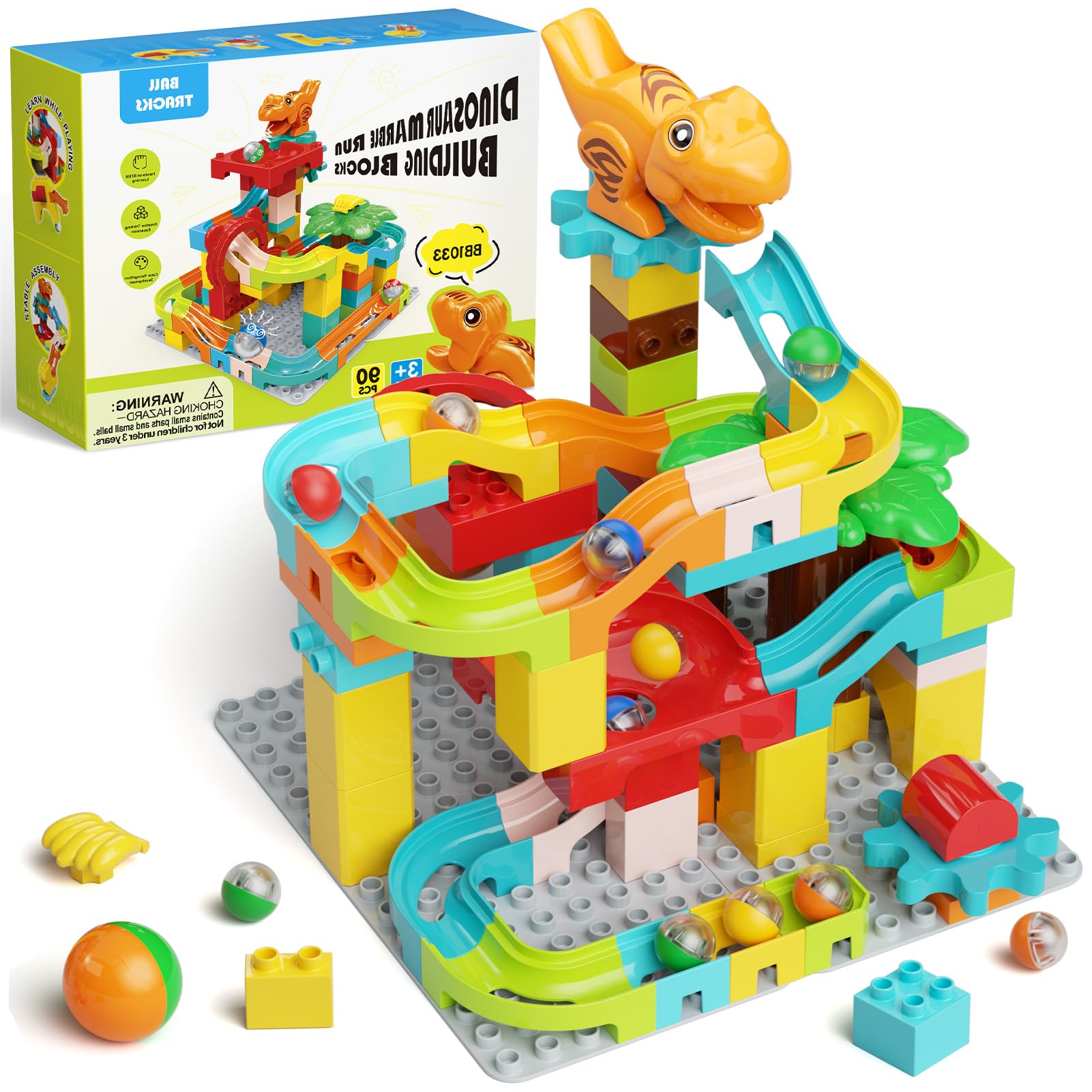 STEM MATCH Murmelbahn Bausteine Dinosaurier: 90 Teile Bahnelemente Set 7