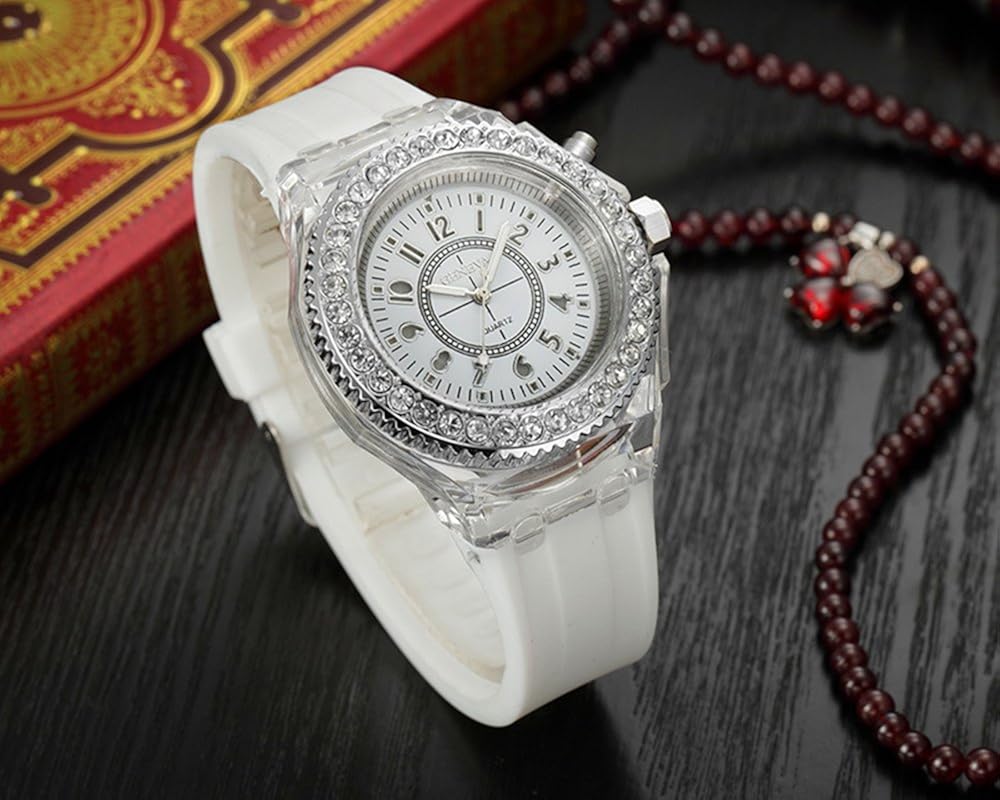 Fanmis Children Students Sport Rhinestone LED Flashing Light up Color Changing Silicone Jelly Watch White: Watches