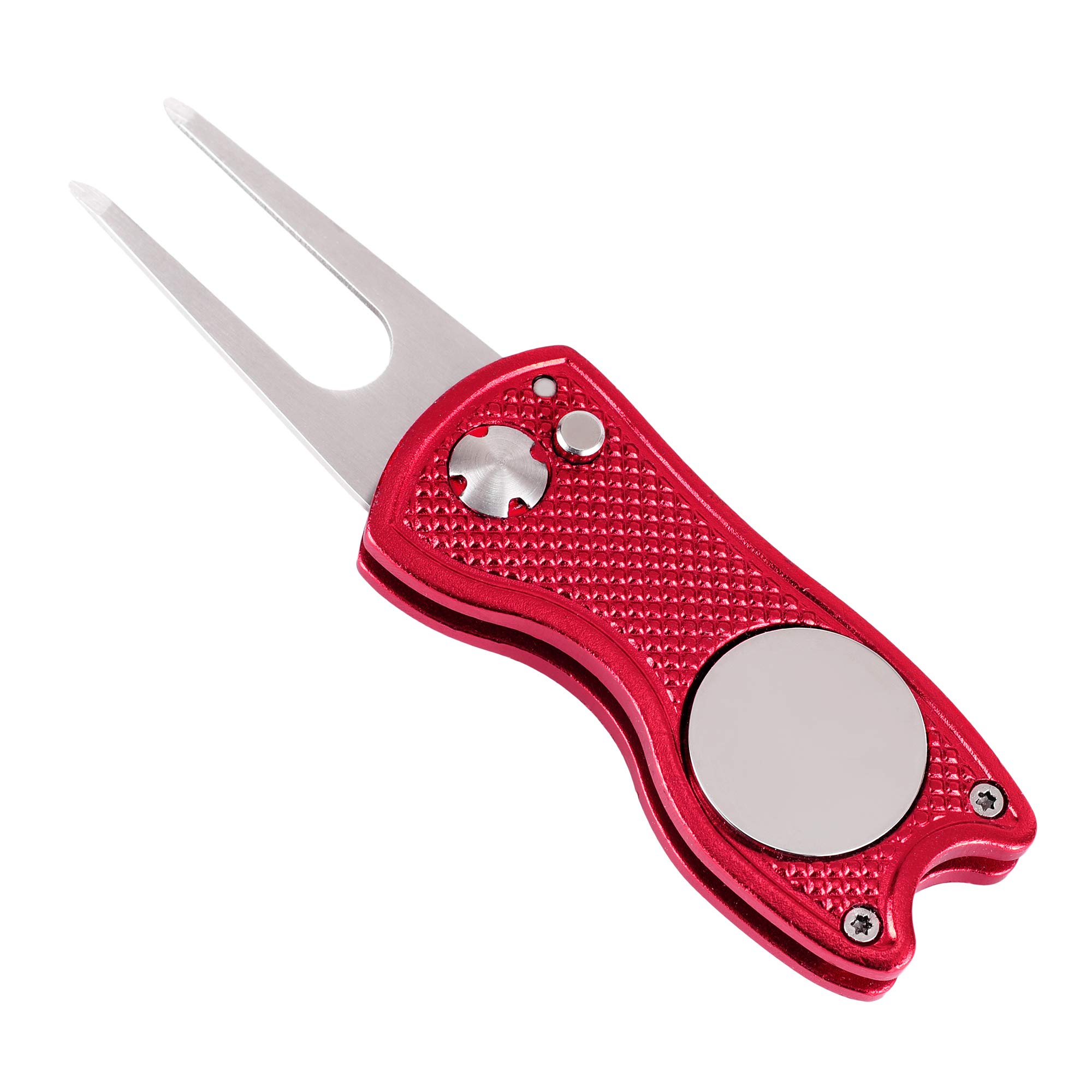 Mile High Life All Metal Foldable Golf Divot Tool with Pop-up Button & Magnetic Ball Marker (Red Fish)