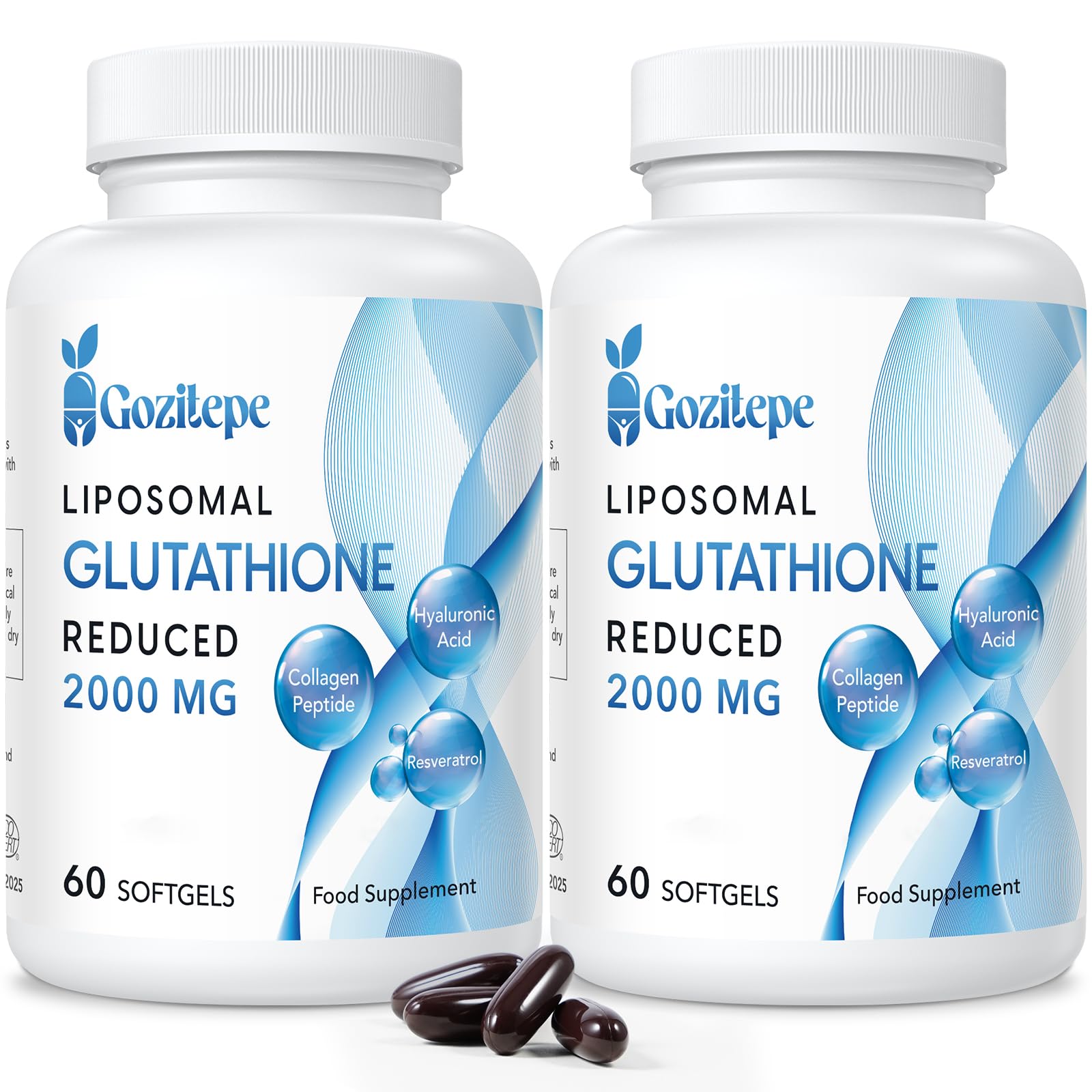 Gozitepe Liposomal Glutathione Reduced 2000mg per Serving | Glutathione Supplement with Hyaluronic Acid + Collagen Peptide + Resveratrol | 10x Better Absorption (60 Count (Pack of 2))