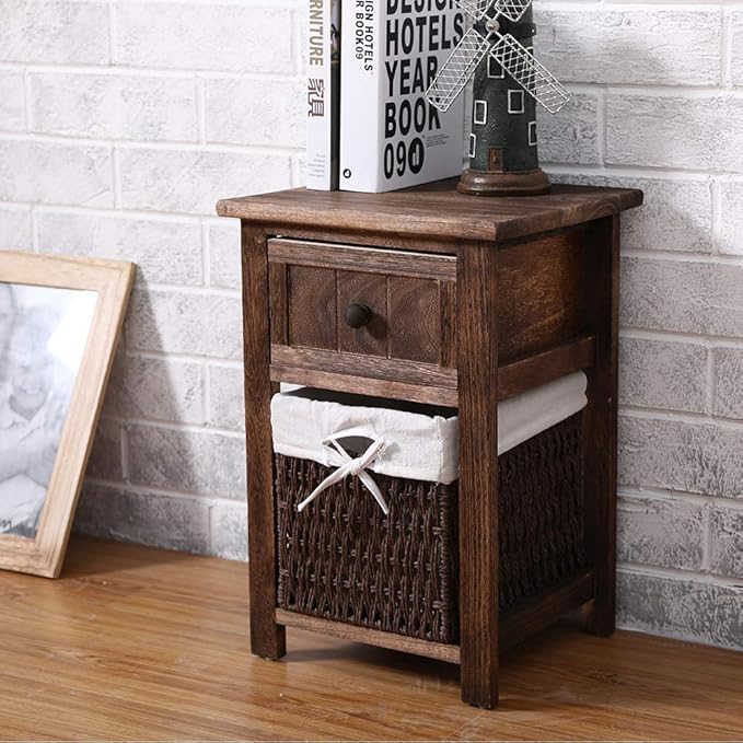 EXQUI Bedside Table Vintage Wooden Night Stand Storage Unit
