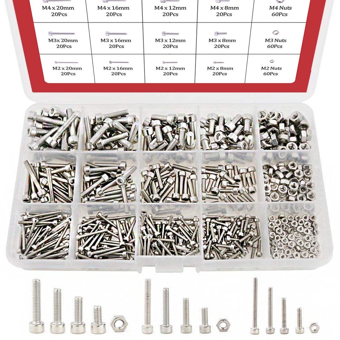 Hilitchi 420pcs M2 3 4 304 Stainless Steel Hex Socket Head Cap Screws Nuts Assortment Kit with Box (304 Stainless Steel)