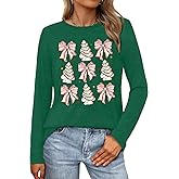 Qskall Christmas Shirts for Women Christmas Bow Long Sleeve Shirt Xmas Holiday Tree Loose Fit Tee Tops