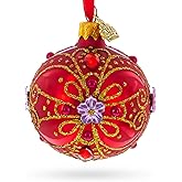 Red and Gold Glitter Scrollwork & Gem Accents Glass Ball Christmas Ornament 2.4 Inches