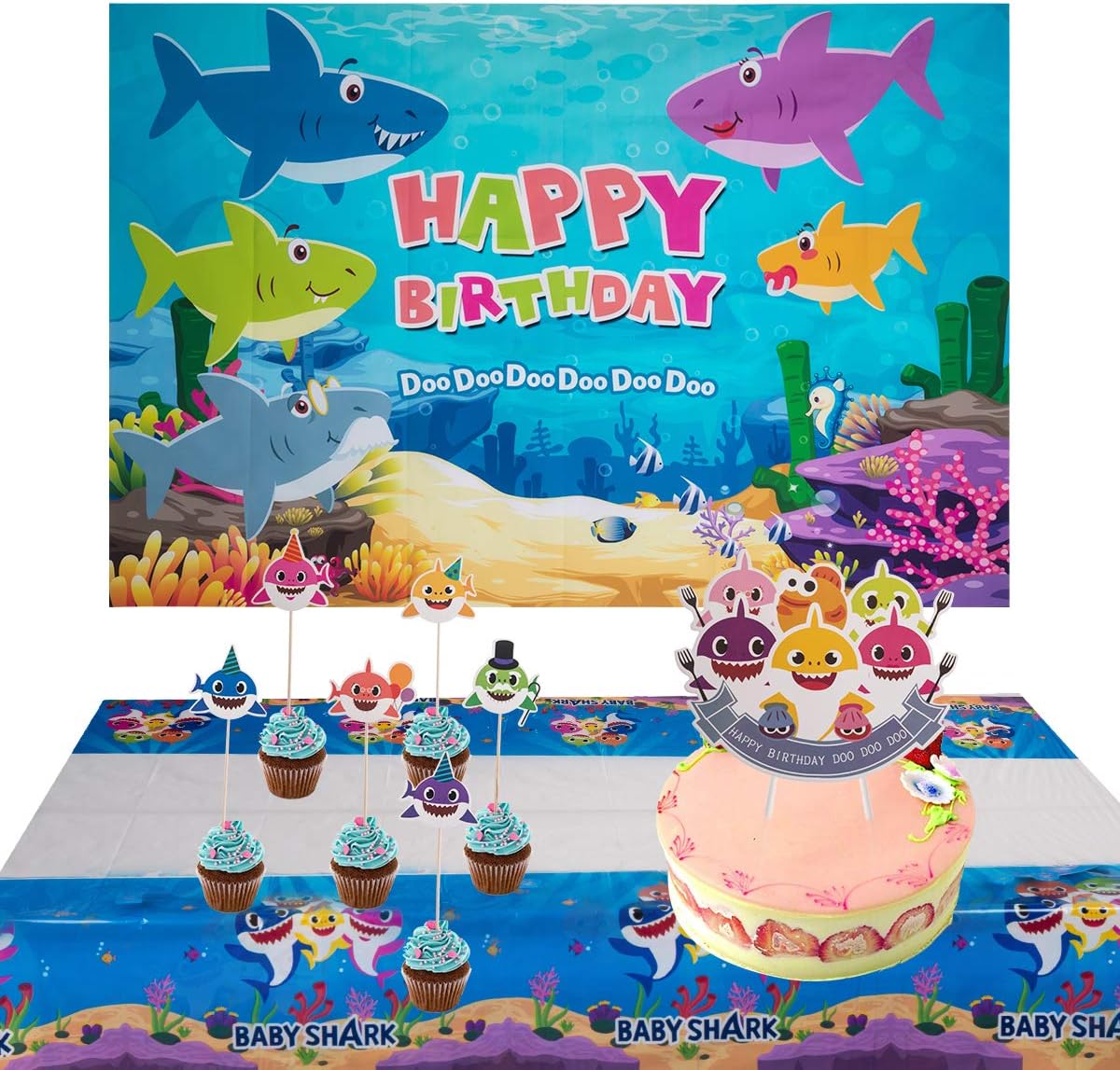 Blue Ocean Shark Birthday Party Backdrop Baby Shark Party Backdrop,Baby Shark Cake Toppers,Disposable Shark Plastic Tablecloth for Kids Shark Party Decorations Supplies-51 Pack