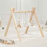 Comfy Cubs Baby Play Gym - Natural Finish Pinewood Baby Activity Center with 5 Sensory Hanging Toys - Easy No-Tool Assembly B