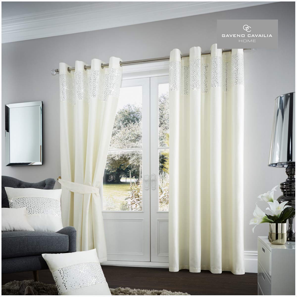 Gaveno Cavailia Aviv Eyelet Curtains Cream, 100% Polyester Luxury Ring Top Drapery with Matching Tie Backs, Two 90"x90" Glamorous Panels, Easy Care Window Treatment, 90x90 Inches