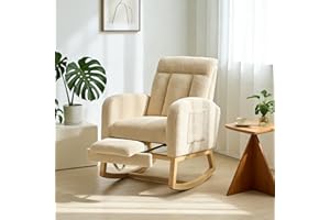 Joankaren Rocking Chair with Adjustable Footrest, Plush Teddy Fabric Glider Chair with Pocket and Ottoman, Solid Wood Modern 