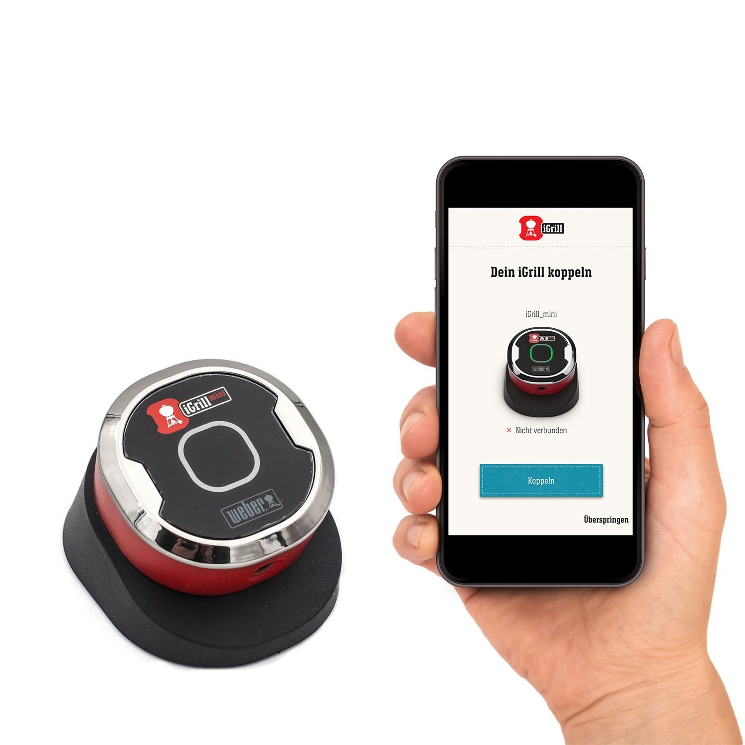 Weber iGrill Mini Compact Smart Bluetooth Thermometer/Compatible with All Barbecues via Weber iGrill App, Temperature Alerts, LED Display, 150H Battery, Single-Probe Capacity, 3.8 x 4.1 x 5.1 cm