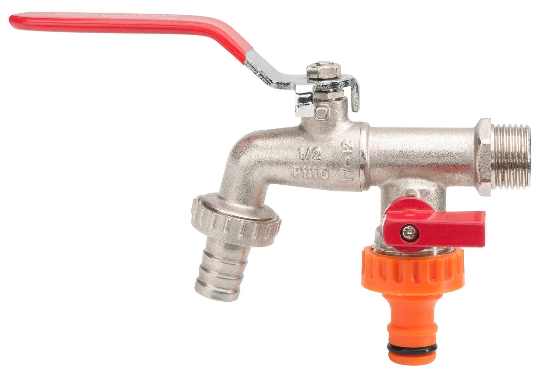 Double Duo Outlet Garden Tap Ball Valve Faucet Red Handle 1/2" x 3/4" x 3/4" BSP