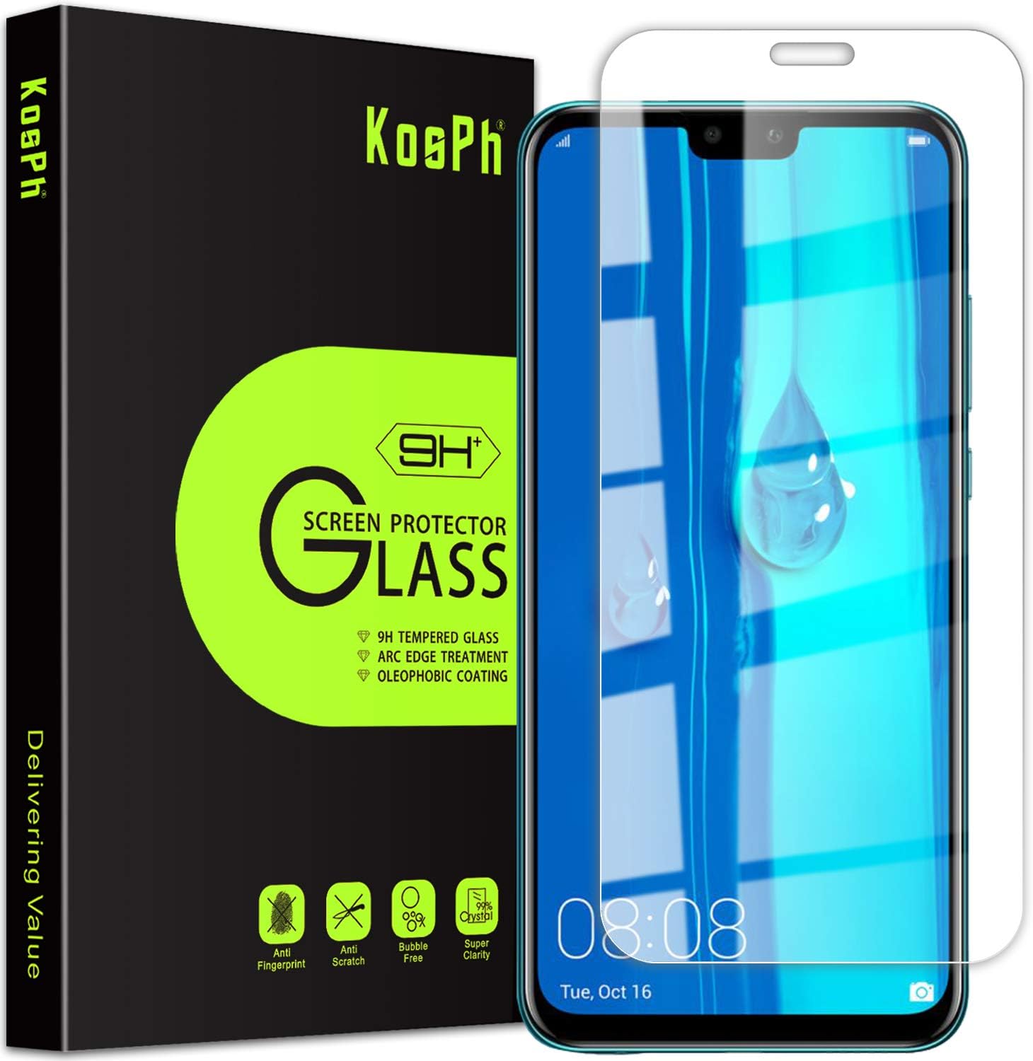 [3-Pack] KOSPH for Huawei Y9 2019 Tempered Glass Screen Protector, 9H 2.5D Arc Edge Glass Film with Oleophobic Coating, Anti Scratch/Impact Absorption/High Clarity (Partial Coverage, Clear)