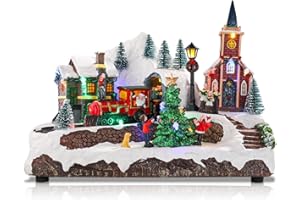 Ovewios Large Christmas Village with Animated Train, Pre-lit Musical Christmas Snow Town for Christmas Party Home Tabletop Indoor Decorations
