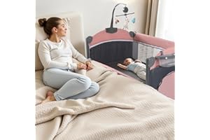 Soobaby 5 in 1 Baby Crib,Baby Bassinet, Bedside Cribs, Pack and Play with Changing Table, Portable Travel bedToys & Music Box,Mattress for Girl Boy Infant Newborn (Pink)