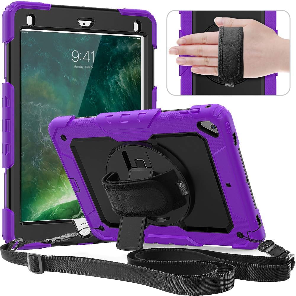 Timecity Case Compatible with iPad 9.7 Inch (iPad 6th/5th Generation Case 2018 2017/ iPad Air2 Case/iPad Pro 9.7 Case) with Rotating Stand/Strap Full-Body Hybrid Armor Protective Case Purple