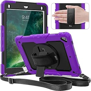 Timecity Case Compatible with iPad 9.7 Inch (iPad 6th/5th Generation Case 2018 2017/ iPad Air2 Case/iPad Pro 9.7 Case) with Rotating Stand/Strap Full-Body Hybrid Armor Protective Case Purple