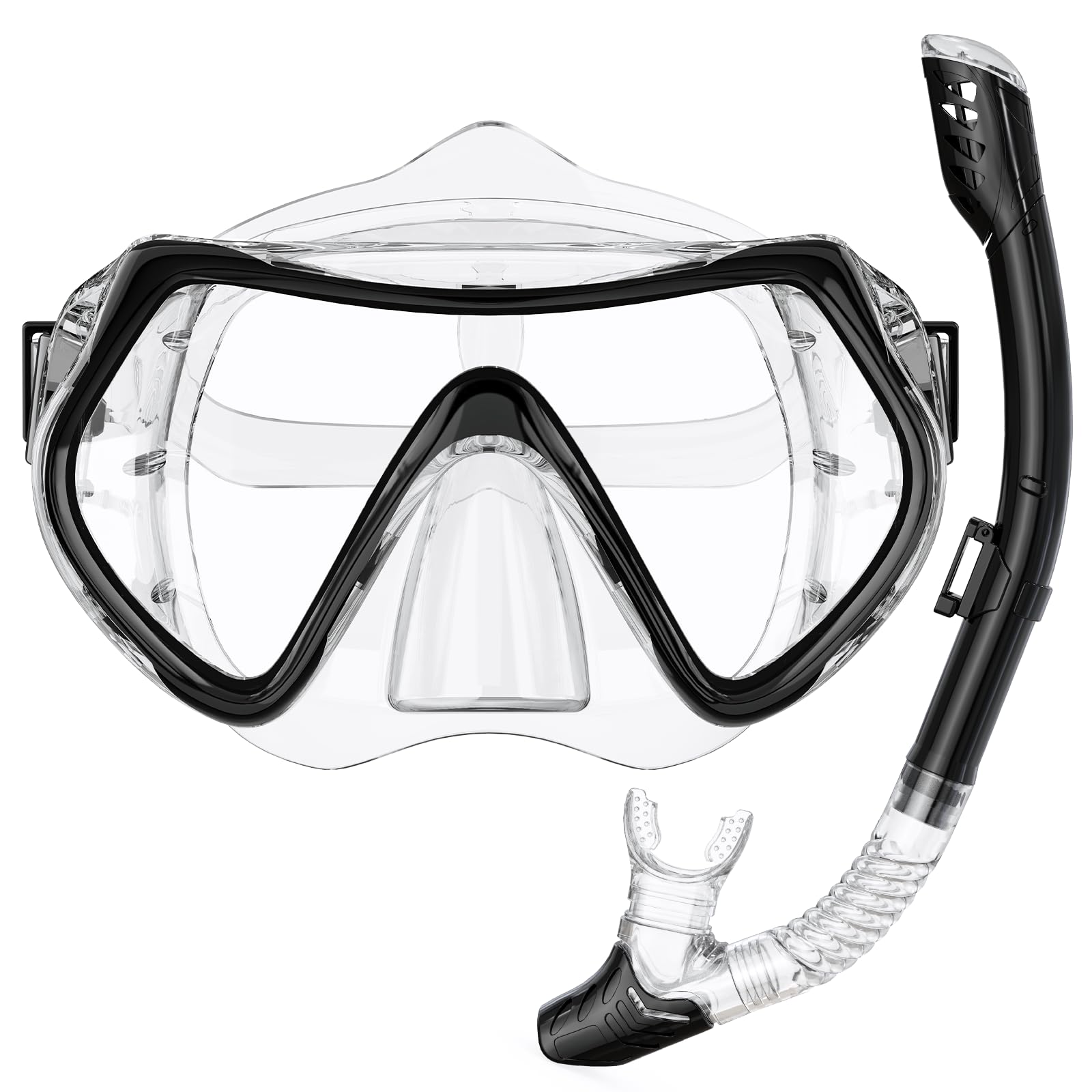 BuyCard Snorkel Mask,180 Degree Panoramic View Dry Top Snorkeling Gear，Safe Anti-Leak Anti-Fog Diving Mask, Snorkel Set and Swimming Goggles (Trans Black, (Adults))