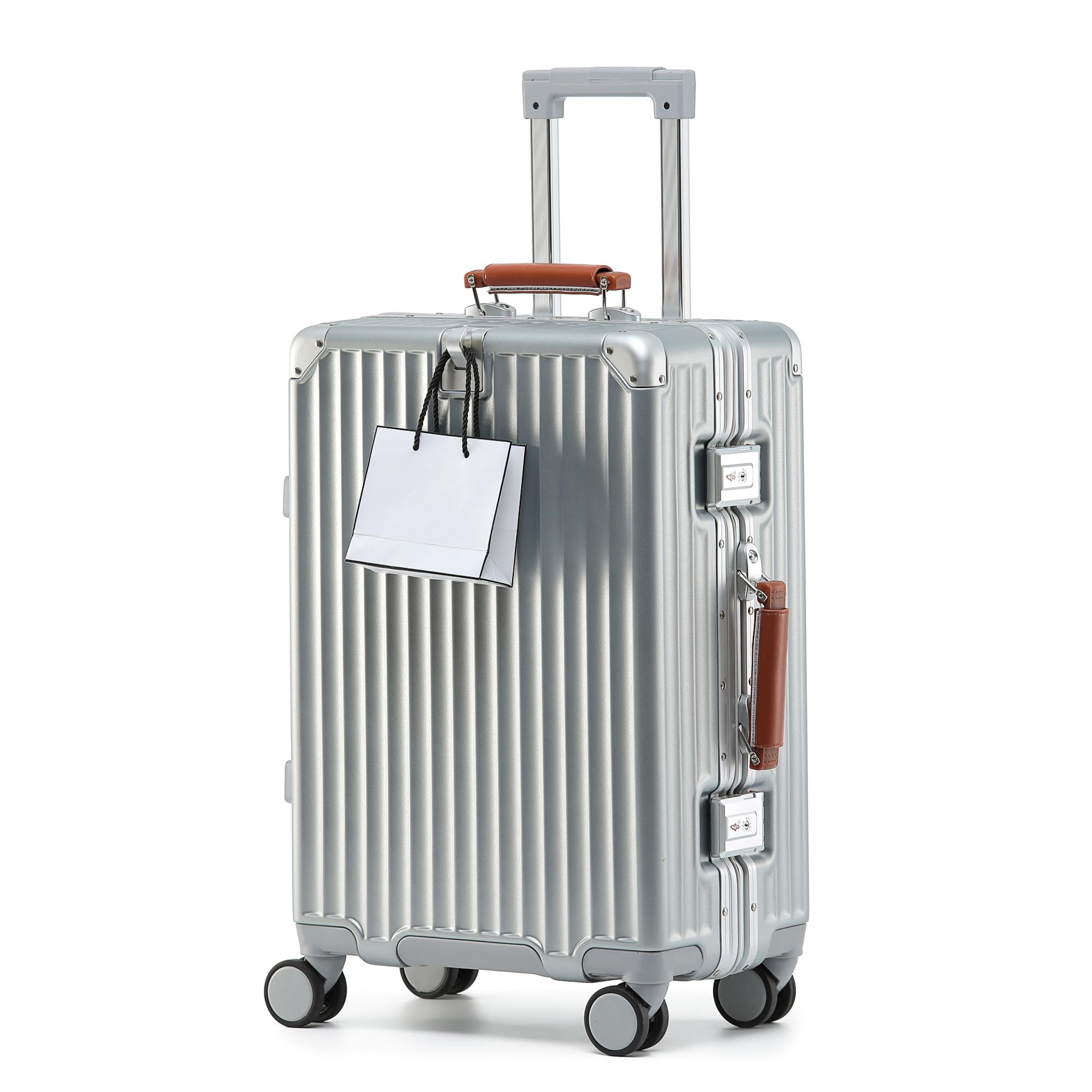 Photo 1 of HotWay 26 Inch Hardside Checked Luggage with Leather Handle, PC Zipperless Suitcase with Spinner Wheels and TSA Locks, Lightweight Checked Luggage for Travel, Silver