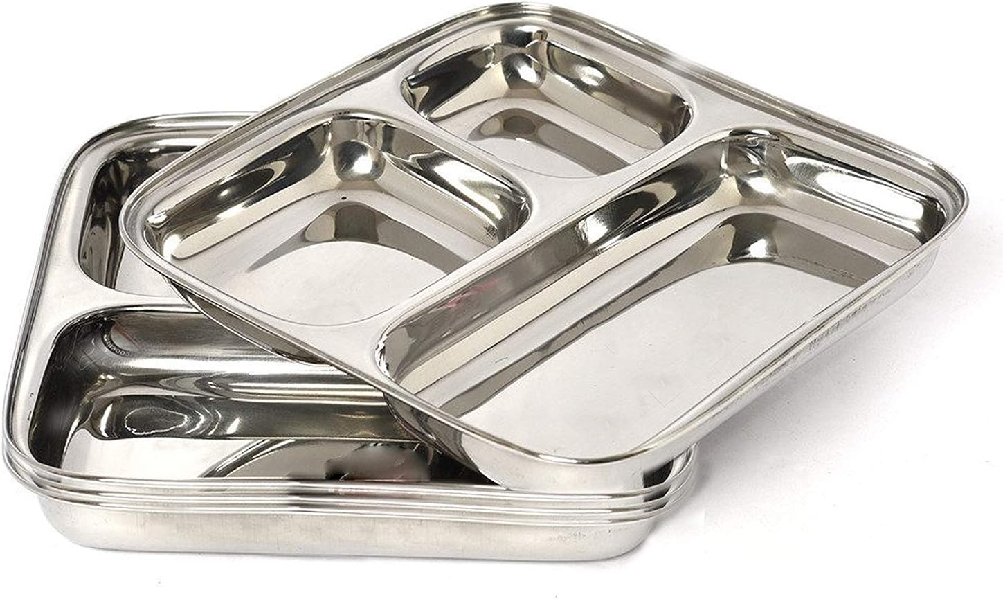 IndiaBigShop 100% Stainless Steel Three in one Dinner Plate Three sections divided plate Three section plate -Set of 4