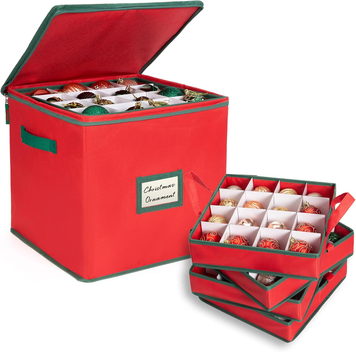 Holiday Décor Storage - Ciseret Christmas Ornament Storage Box Containers Holiday Decoration Organizer, Christmas Ball Accessories Holder with Adjustable Dividers, 4 Removable Trays, Zippered Closure, 600D Oxford 13x13x13.39