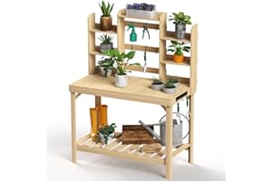Highpro Outdoors Potting Benches Table, Garden Work Table Outside, Wooden Workstation Table with Storage Shelf