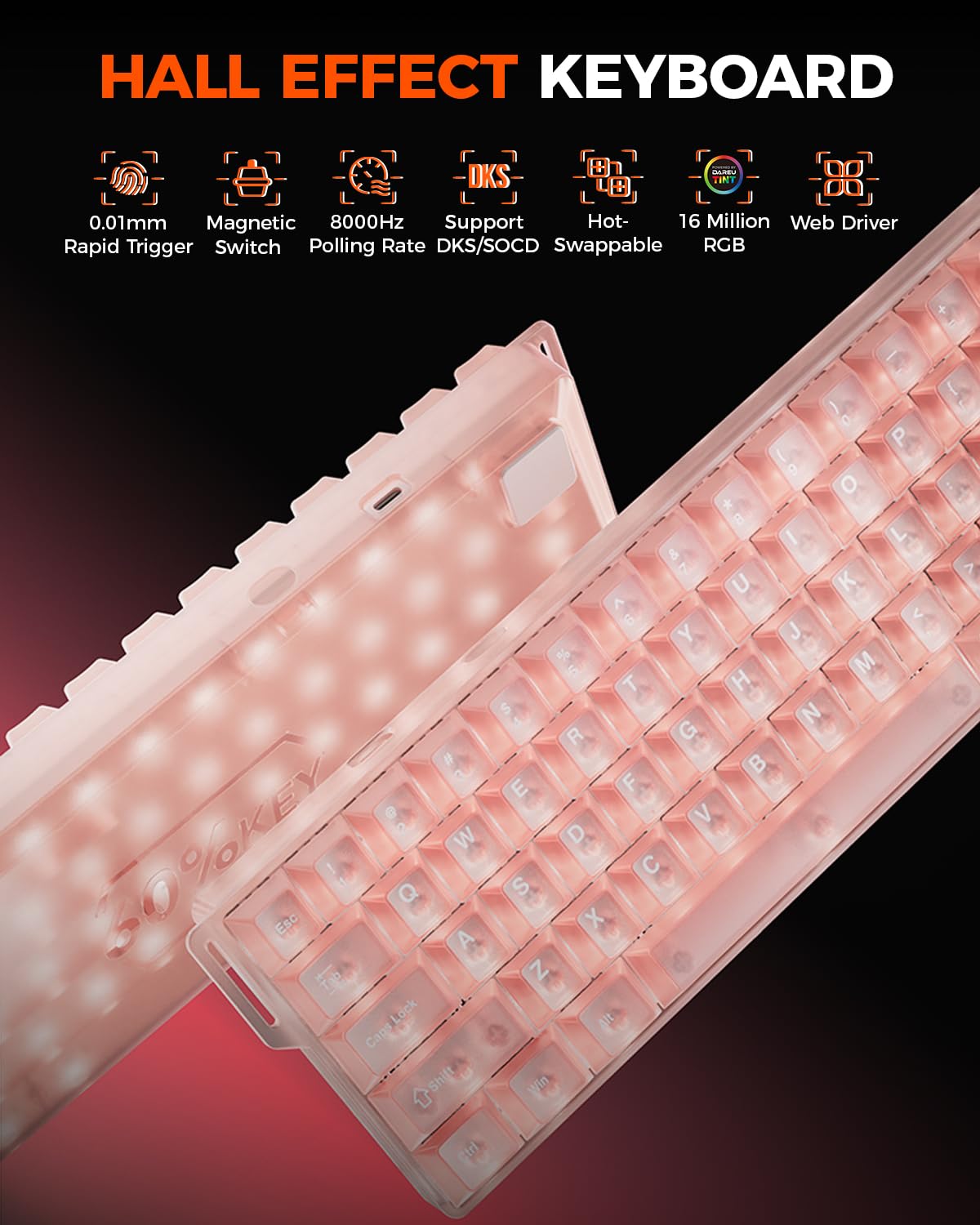 DAREU COOL60 Wired Halbtransparent Beleuchtete Tastaturen, 8K Hz Rapid Trigger Magnetic Gaming Tastatur, 15 RGB Modes, 0.01mm RT-Genauigkeit, Einstellbare Betätigung, 60% Tastatur für PC/Mac(Rosa) 2