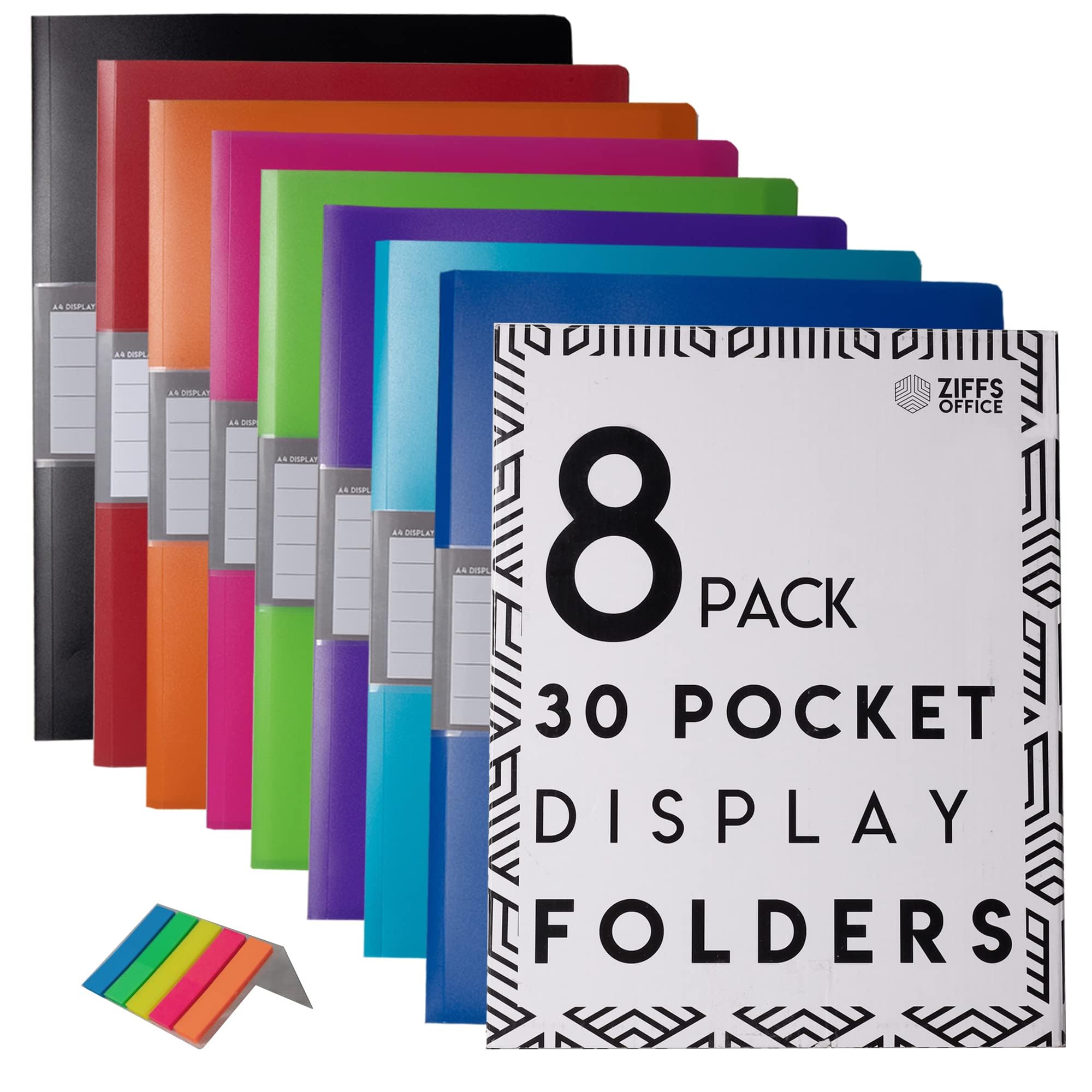 8 x 30 Pocket A4 Display Folders - A4 Display Folders with Plastic Pockets - A4 Folder - Display Book - Presentation Folders - 250 Sticky Labels Included - Project Folder - British Brand
