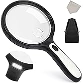 Large magnifying glass with light, 10x 20x handheld clear magnifying glass with 4 LED high brightness lights, free storage ba