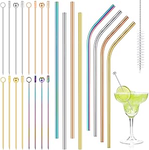 Vesici 25 Pieces Cocktail Picks and Straws Set, 16 Colorful Metal Martini Pick Appetizer Fruits Drink Sticks, 8 Stainless Steel Straws and Cleaning Brush, Cocktail Toothpicks Skewers Home, Party, Bar