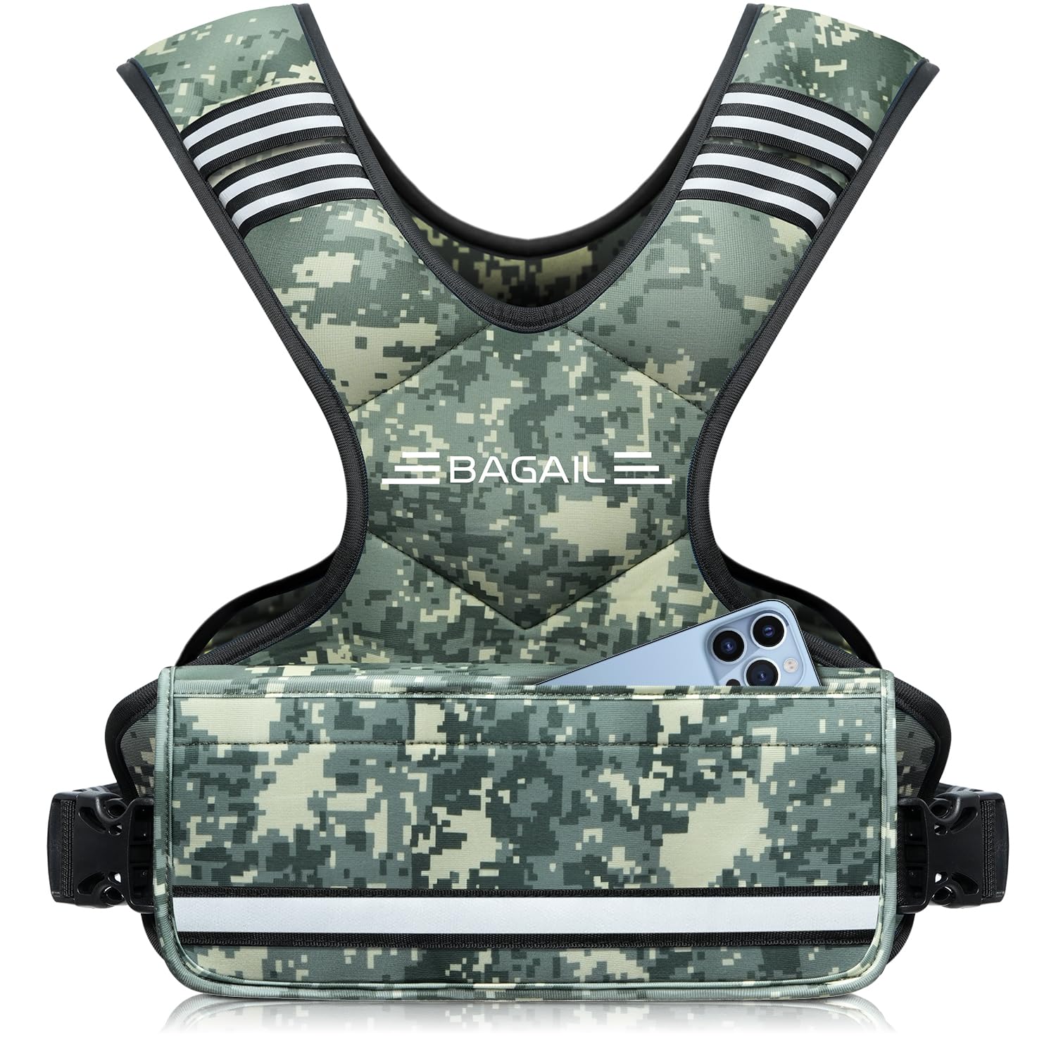 BAGAIL Adjustable Weighted Vest, 4-10lb/12-18lb/20-32lb Rucking Vest for Women & Men with 6 Weights & Large Pocket, Weight Vest for Home Workouts, Running, Walking and Strength Training - Green Camo Image