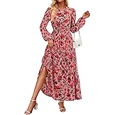 ZESICA Spring Dresses for Women 2026 Long Sleeve Boho Floral V Neck Empire Waist A Line Casual Flowy Wedding Guest Maxi Dress