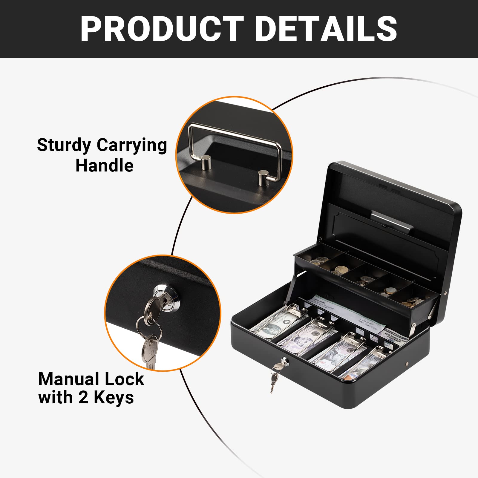 Tera Cash Box with Key Lock: Anti Theft Safe Lock Box with Money Tray 4 Bill 5 Coin Inner Tray 11.8