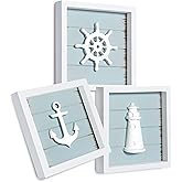 TideAndTales 3D Nautical Wall Decor (7"x7"), Coastal Theme Home Decorations with Anchor, Lighthouse and Ship Wheel, Rustic Ocean Inspired Bathroom Decor - Nautical Gifts - Framed Set of 3