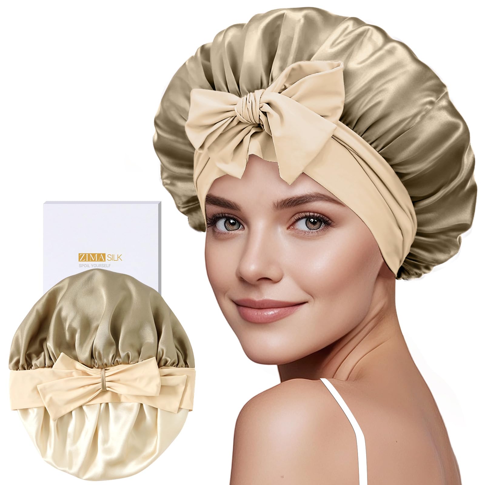 Photo 1 of ZIMASILK 100% Mulberry Silk Bonnet for Sleeping Women Long Hair Double Layer Silk Hair Wrap with Tie Band Stay On Head (1Pc, Light Coffee)