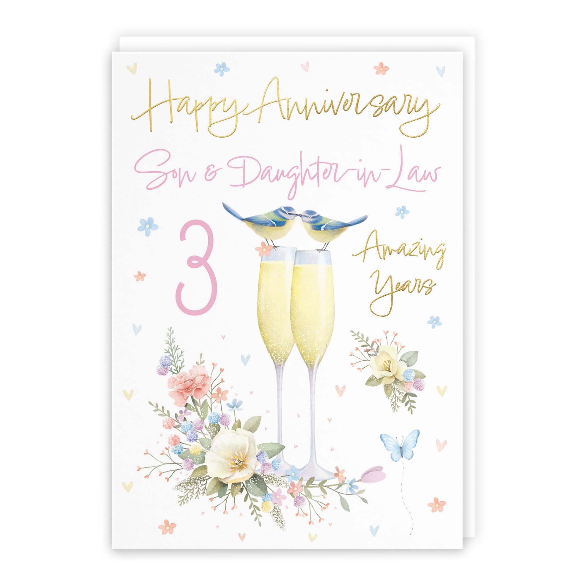 Hunts England - Son And Daughter-in-Law 3rd Anniversary Card - A5 Size - Champagne Flutes - Gold Foil - 3rd Anniversary Card For Son And Daughter-in-Law - Milo's Gallery