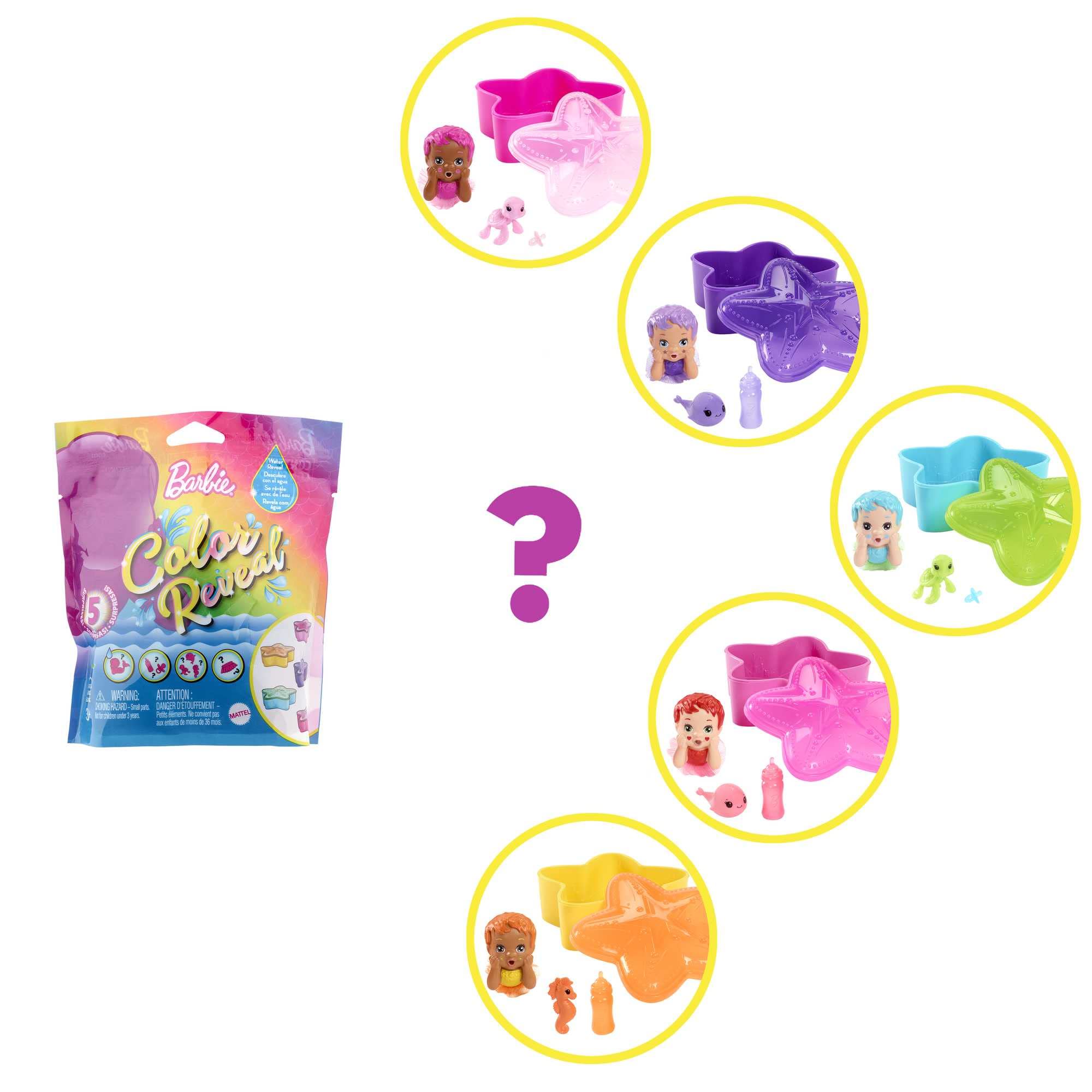 Barbie Chelsea Color Reveal Mermaid Doll with 6 Unboxing Surprises: Metallic Blue with Rainbows; 4 Bags with Accessories; Water Reveals Full Look & Color Change on Tail; Gift for Kids 3 Years & Older