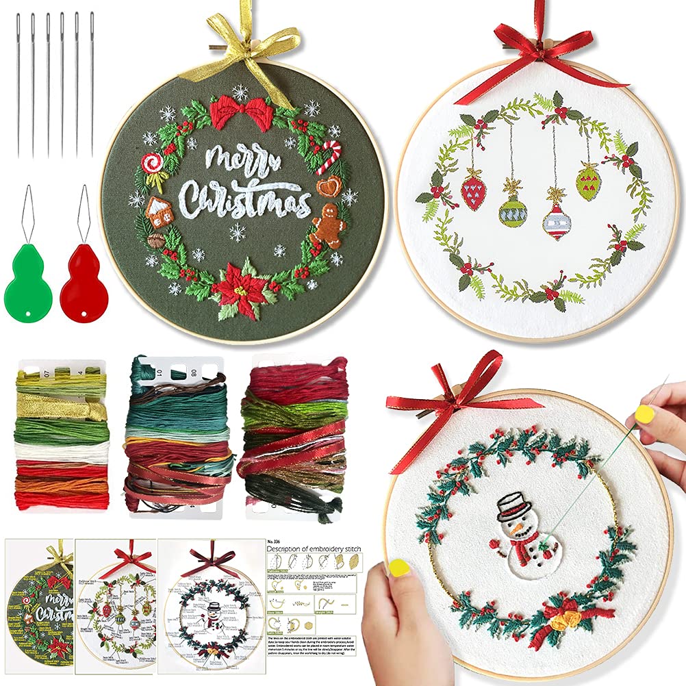 Christmas Embroidery Kits, 3 Set Christmas Embroidery Starter Kit with Stamped Cloth/Embroidery Hoops/Needle Threader/Needles/Color Threads, Xmas Cross Stitch Kit and Instructions for Adults Beginners