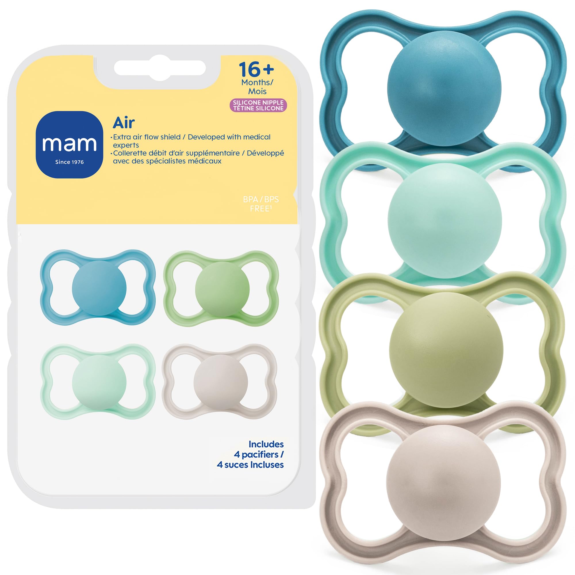Photo 1 of *** 3 PCS *** MAM Air Pacifier for Babies 16+ Months, Extra Air Flow for Sensitive Skin, Developed with Medical Experts, BPA-Free Skin Soft Silicone, 4 Count, Made in Europe