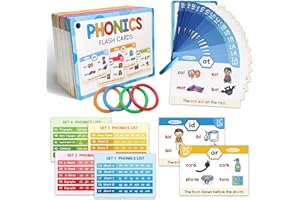 Phonics Flash Cards for Kids Ages 4-8 - 65 Cards with 118 Phonics Sounds to Learn to Read - Includes Colorful Rings for Easy 