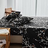 ZRNBAST King Sheet Set Fits 14-16 inch Deep Pocket Black Sheets Set of 4 Blossoms Flower Flat Sheet Fitted Sheet Vintage Sheets with Pillowcases (Black, King)